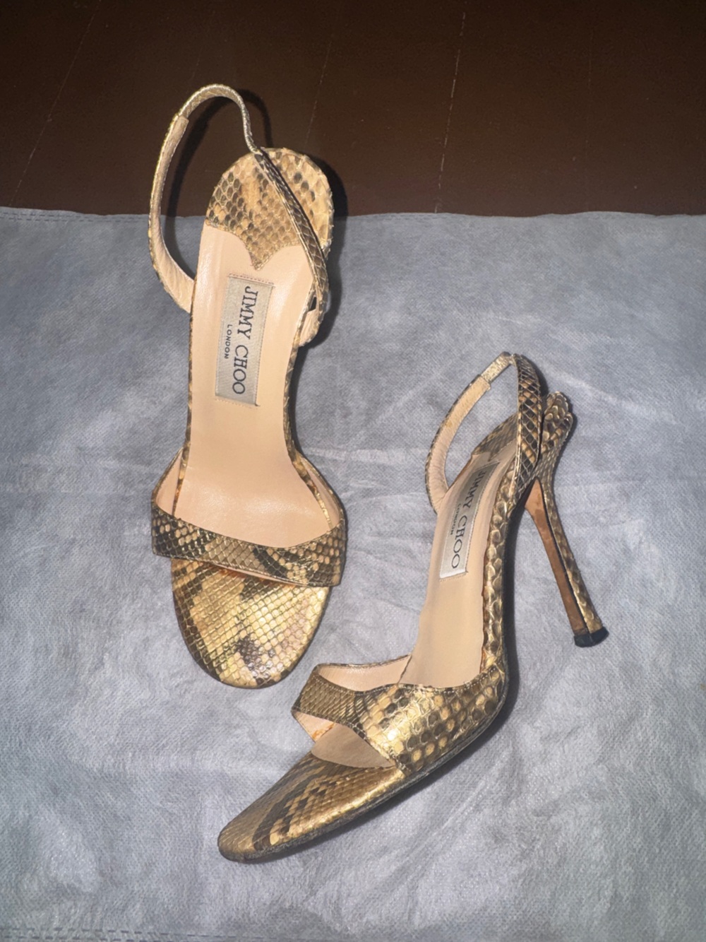 Jimmy Choo Metallic Gold Snakeskin Stiletto Slingbacks